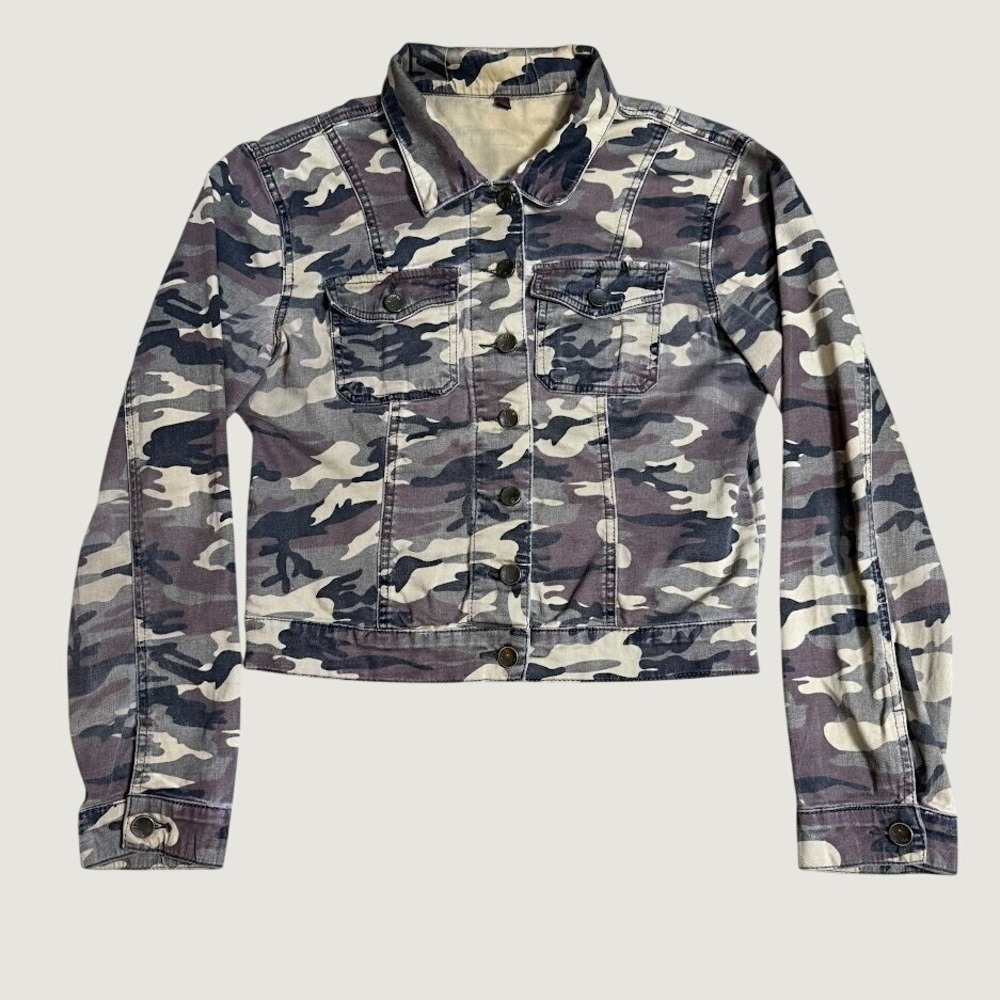 Kut From The Kloth Womens Camo Denim Trucker Jacket Green Brown Size L